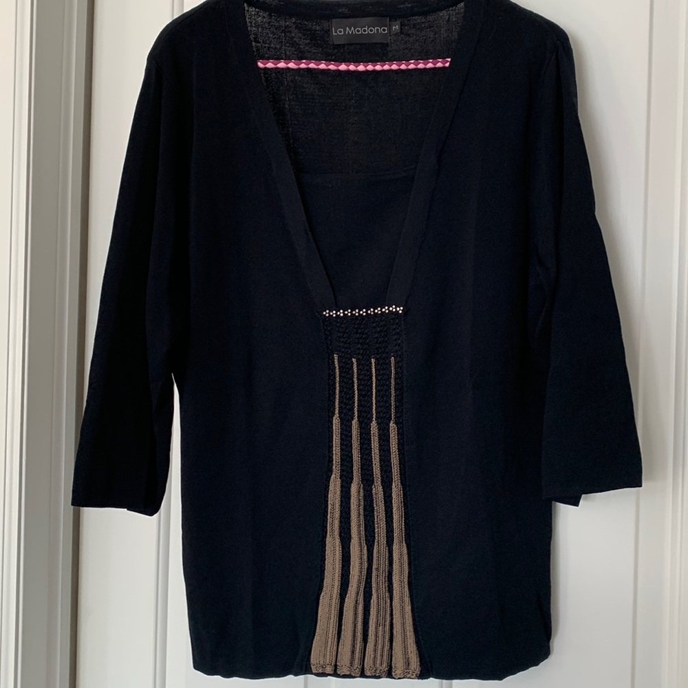 Lightweight sweater with rhinestone and crochet details